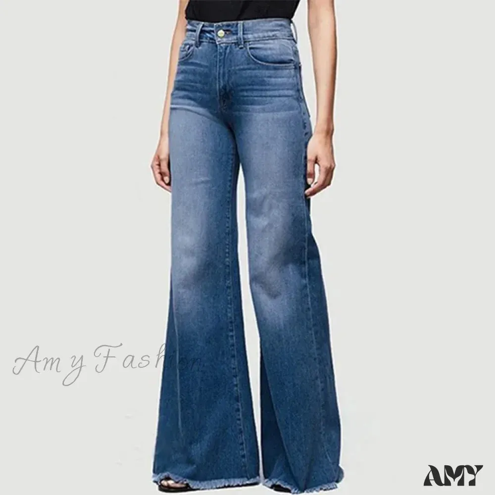 Amy Fashion - Flare Women High Waist Slim Vintage Fashion Streetwear Stretch Casual Full Length Loose Wide Leg Jean
