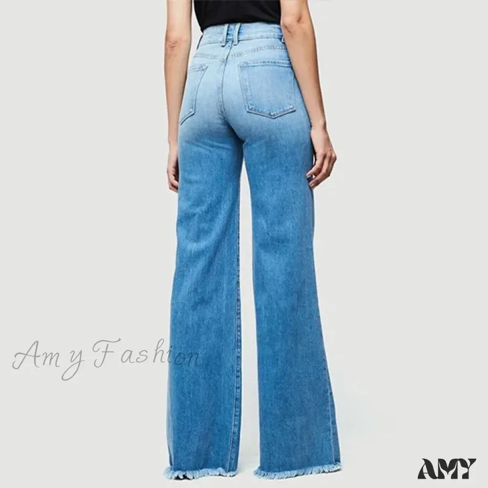 Amy Fashion - Flare Women High Waist Slim Vintage Fashion Streetwear Stretch Casual Full Length Loose Wide Leg Jean