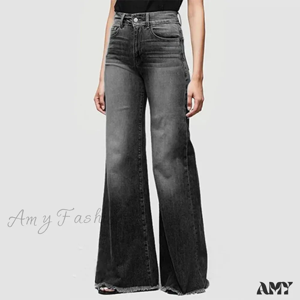 Amy Fashion - Flare Women High Waist Slim Vintage Fashion Streetwear Stretch Casual Full Length Loose Wide Leg Jean