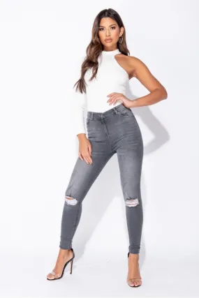 Grey Distressed Knee Skinny Jeans