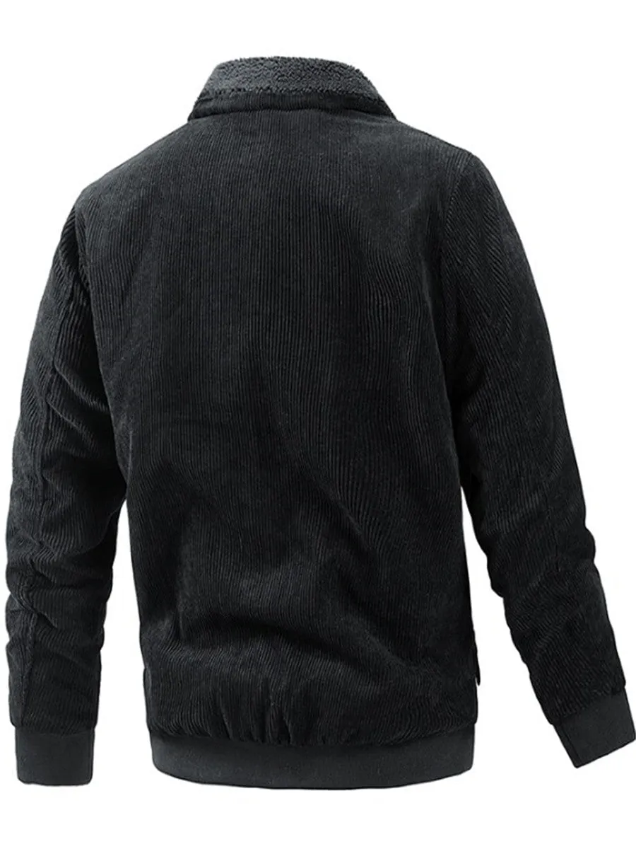 LONGBIDA Corduroy Jackets Men Casual Turn-down Collar Solid Color Warm