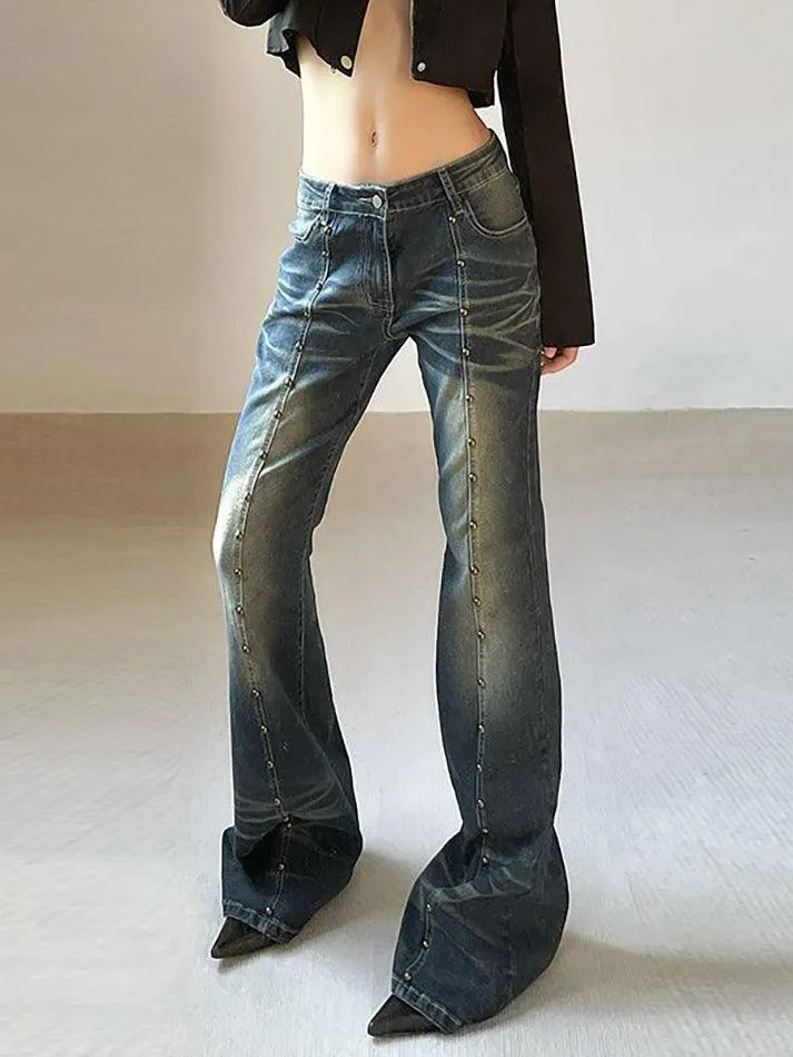 Low Rise Studded Slim-Fit Washed Boot-Cut Jeans