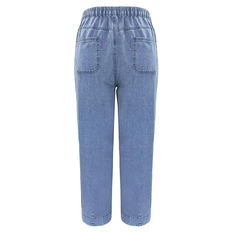 Women's Baggy Elastic Waist Pleated Jeans