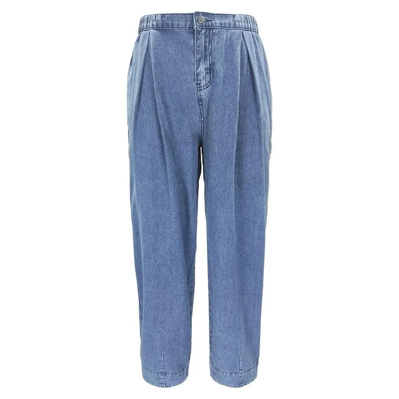 Women's Baggy Elastic Waist Pleated Jeans